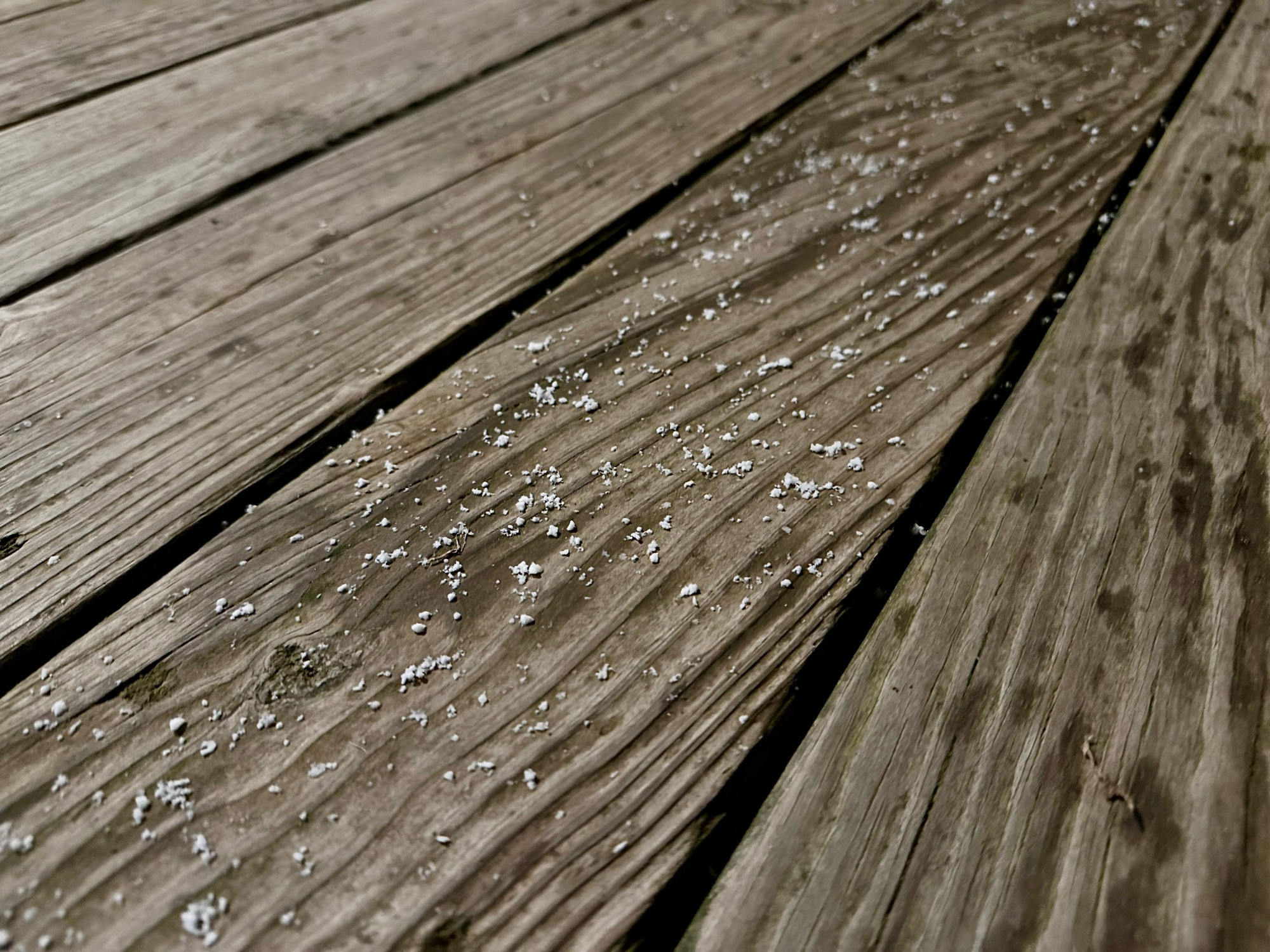 a photo of a board on my deck with some graupel on it. 