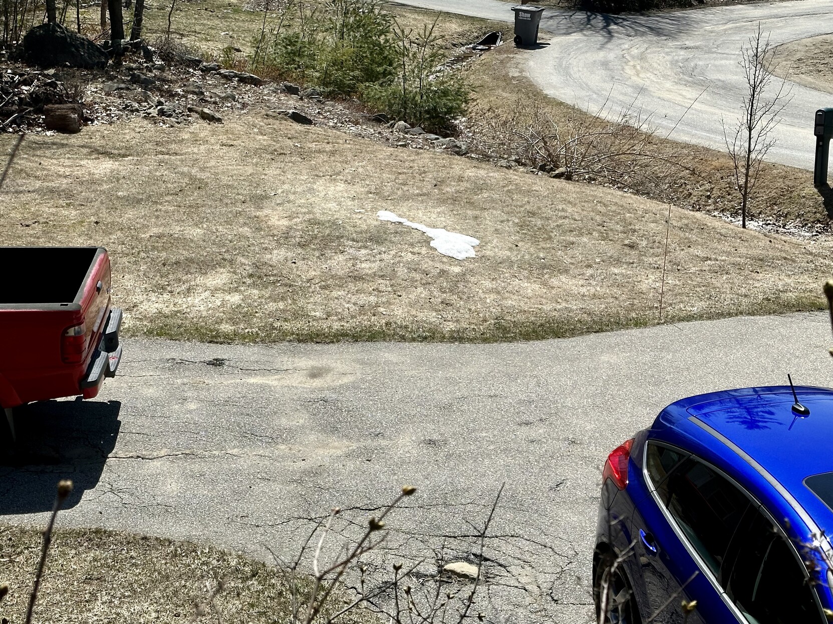 a photo of the last of the snow in my yard melting. it’s a very small patch. 