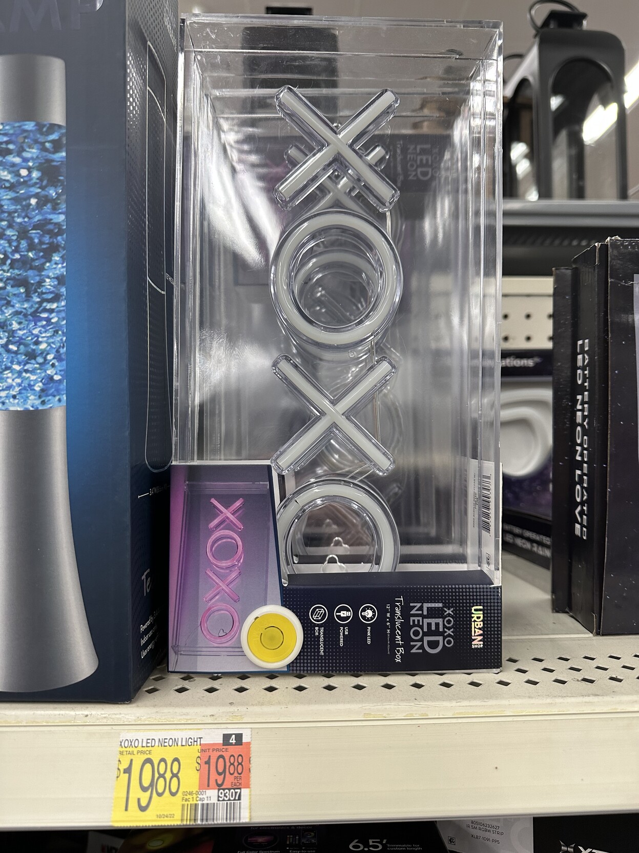 a photo of a product on the shelf at walmart - a lamp that says “xoxo”