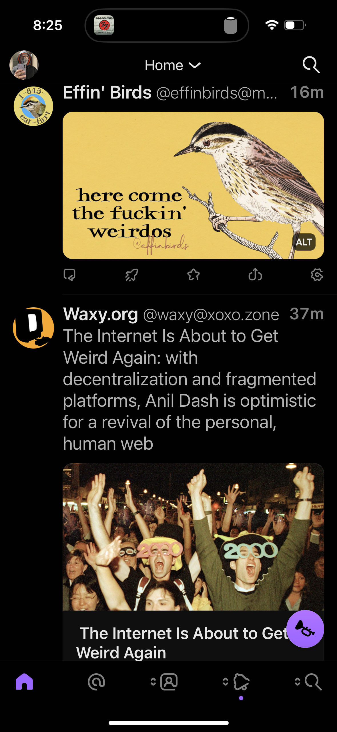 a screenshot of mastodon where waxy.org posted a link to an article titled “the internet is about to get weird again” followed immediately by a post from effin’ birds that reads “here come the (effing) weirdos”