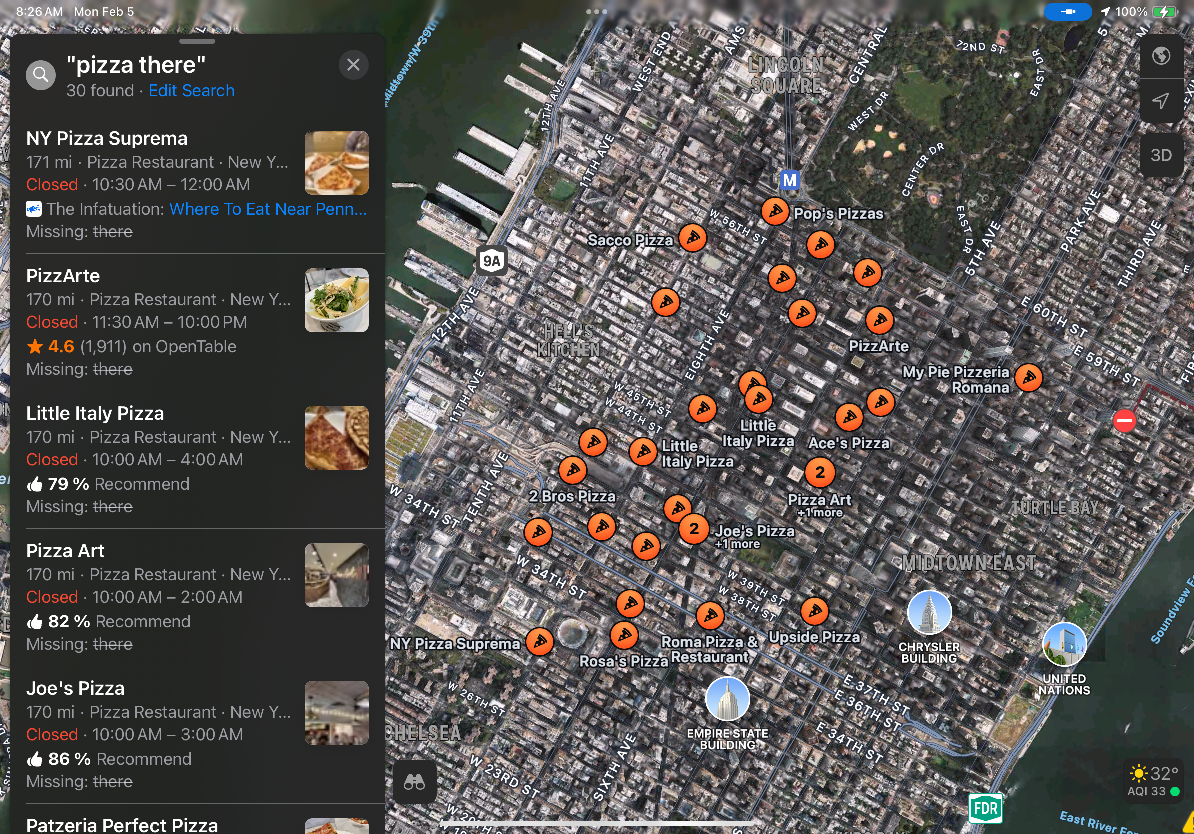 a screenshot of a search in apple maps, where i scrolled the map to midtown manhattan and searched for ‘pizza there’