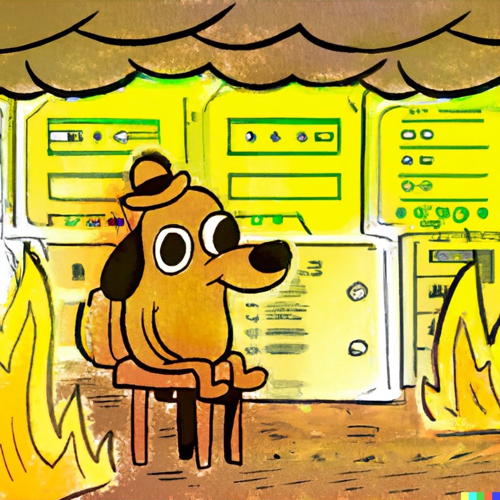 a parody of the ‘this is fine’ meme, but with the dog sitting in a datacenter that is on fire