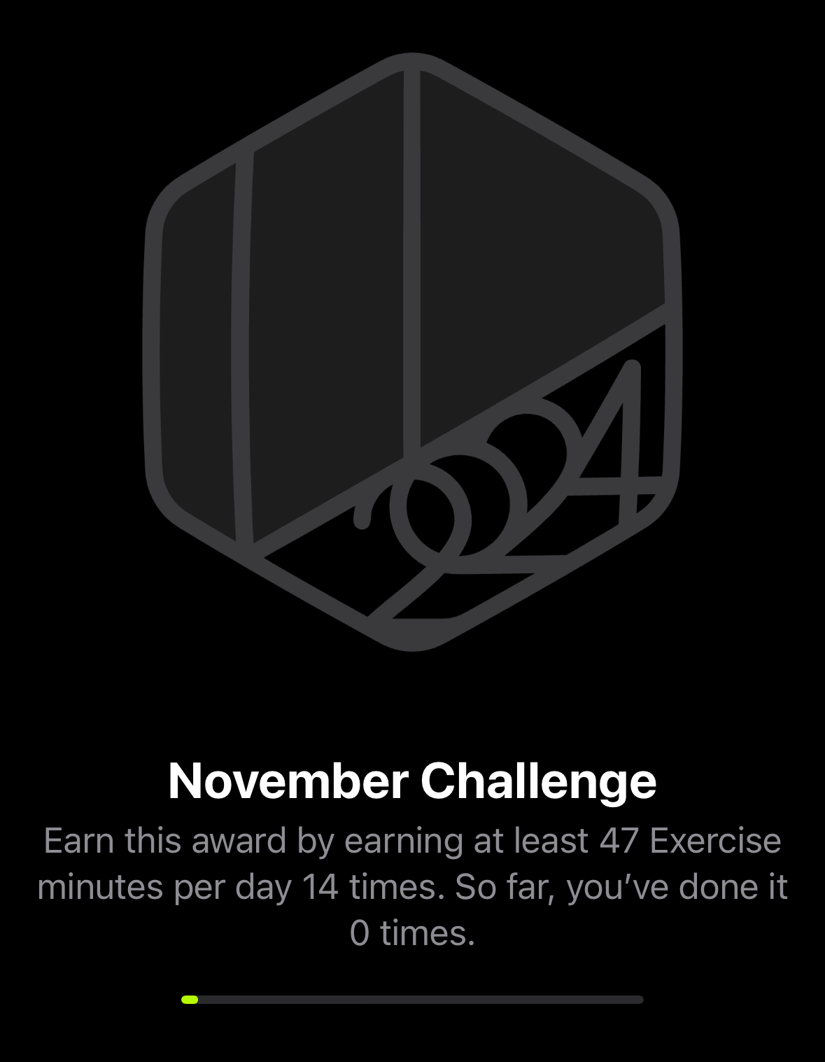 a screenshot of my apple fitness November Challenge
Earn this award by earning at least 47 Exercise minutes per day 14 times. 