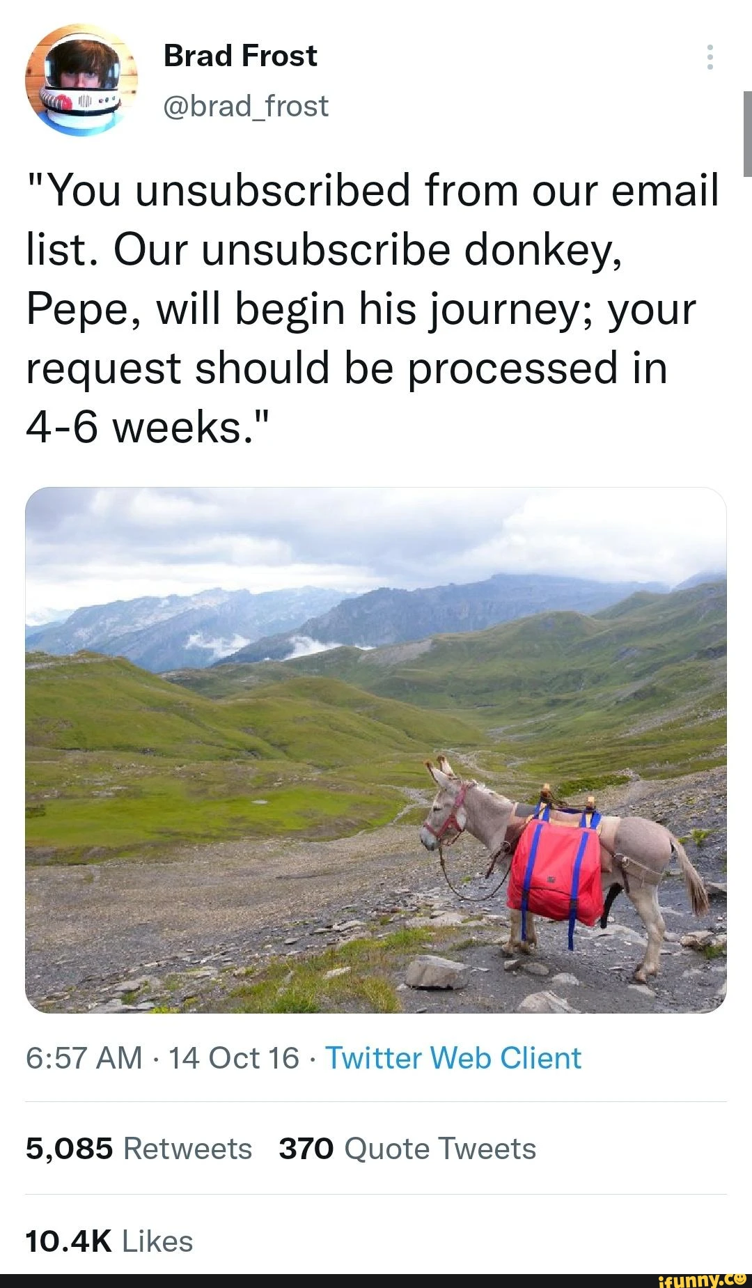a screenshot from twitter user Brad Frost that reads: "You unsubscribed from our email list. Our unsubscribe donkey, Pepe, will begin his journey; your request should be processed in 4-6 weeks."