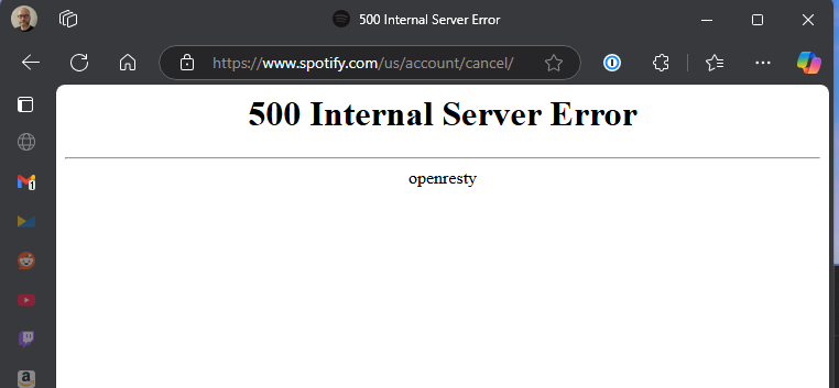 a screenshot of spotify's account cancel page. it's a 500 internal server error.