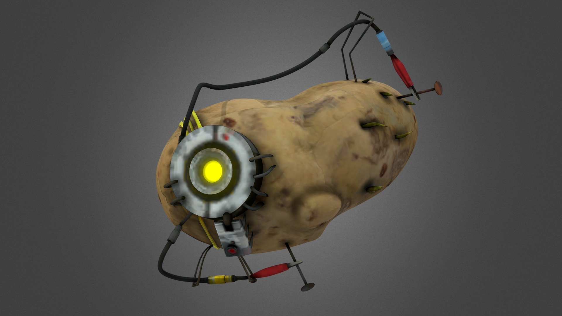 a picture of GLaDOS from the game Portal 2, when GLaDOS was attached to a potato