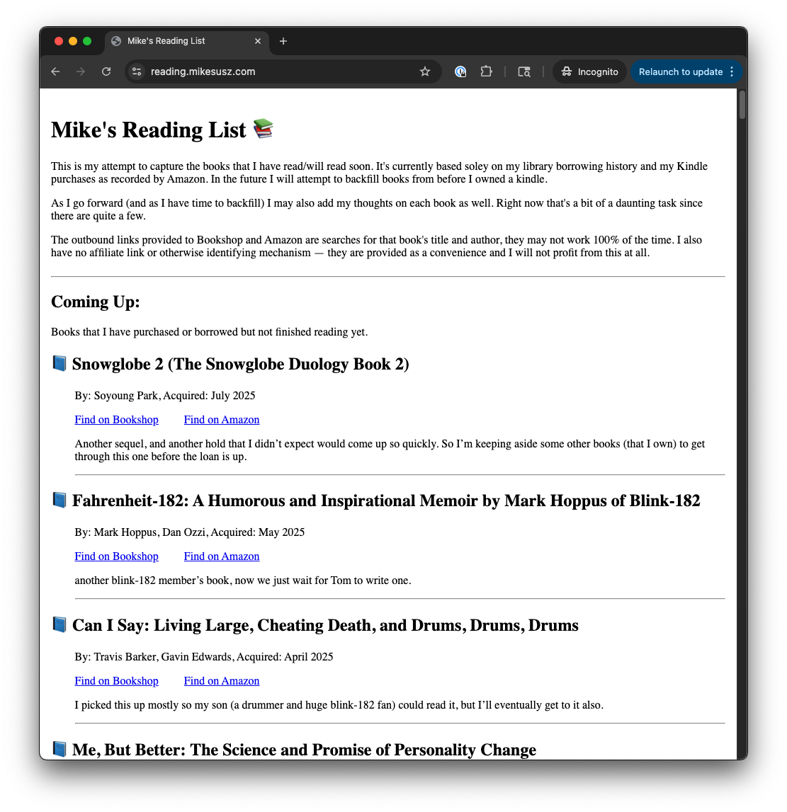a screenshot of my reading website before the update