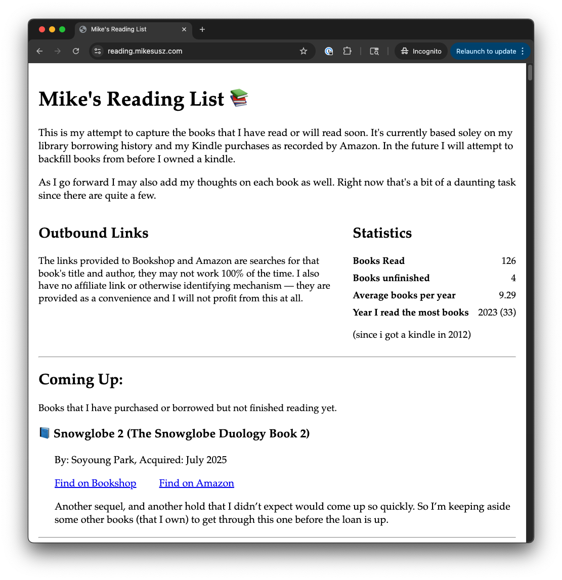 a screenshot of my reading website after the update, featuring a statistics section and some slightly updated styles