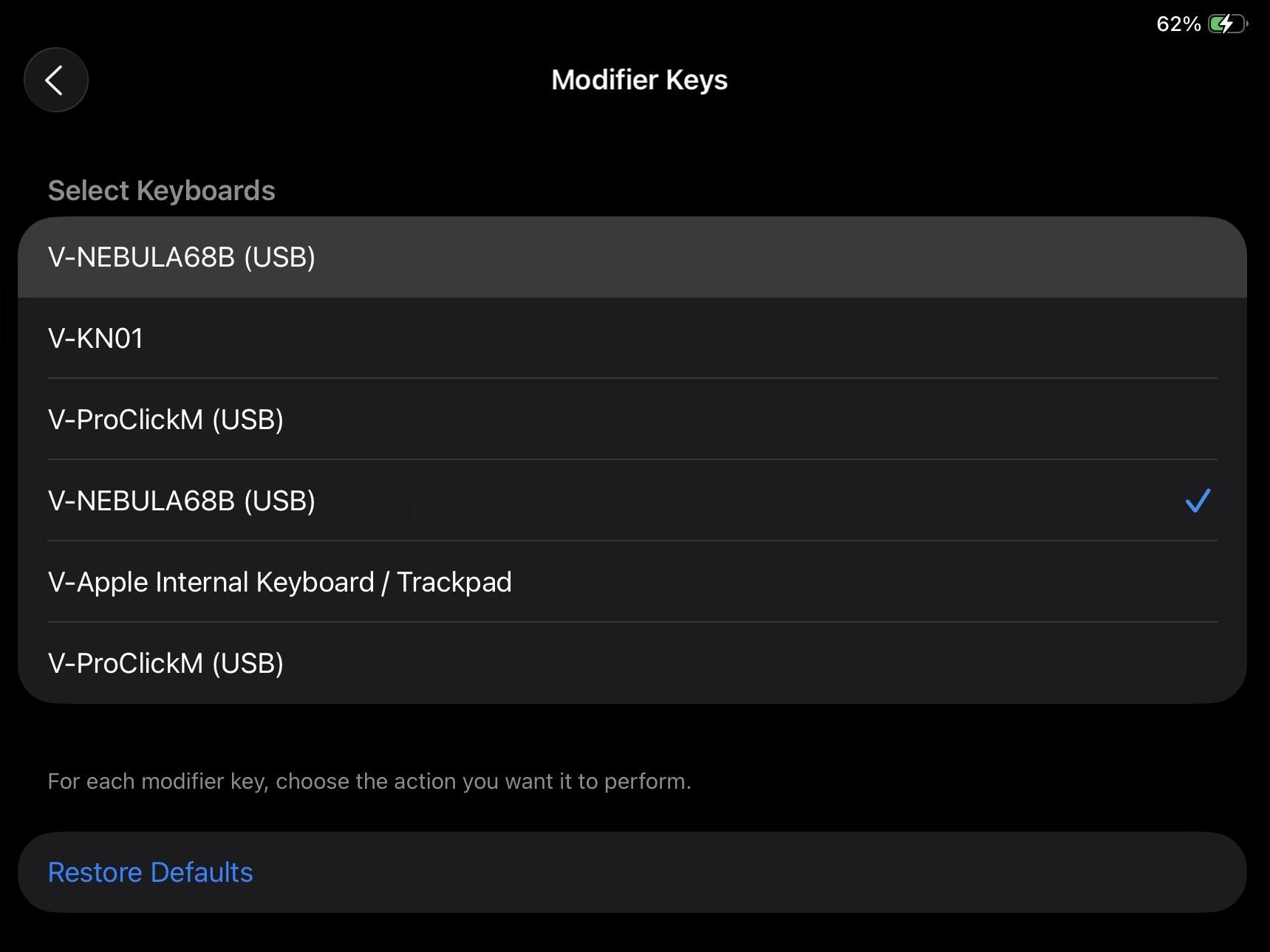 a screenshot of the general - keyboard - hardware keyboard - modifier keys control panel in ipados26b4