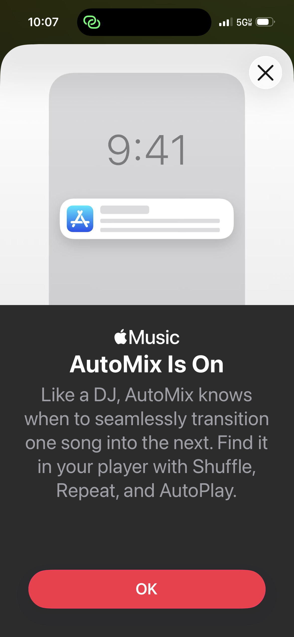 a screenshot of the notification that the AutoMix feature is turned on in iOS26. 