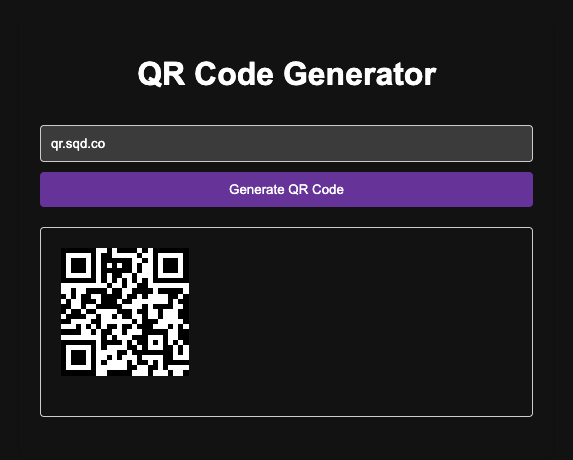 a screenshot of qr.sqd.co showing the generation of a qr code for qr.sqd.co