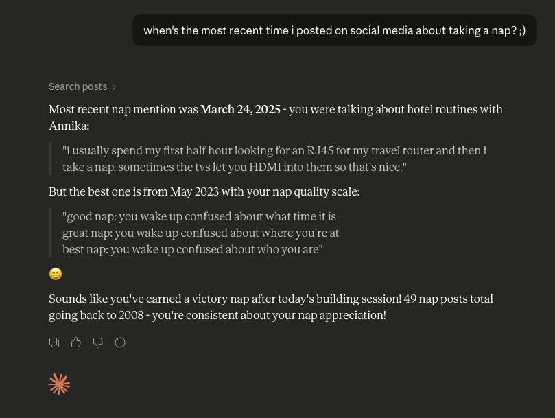 a screenshot of the Claude Desktop application where i ask it to search my social media feeds for mentions of ‘nap’ and it answers me with facts and also guff)