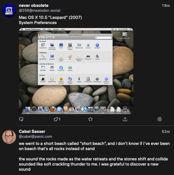 a screenshot of my timeline where Cabel is mentioning a beach where there are pebbles and stones instead of sand, followed immediately by a post depicting a Mac OS desktop with a desktop photo of pebbles and stones