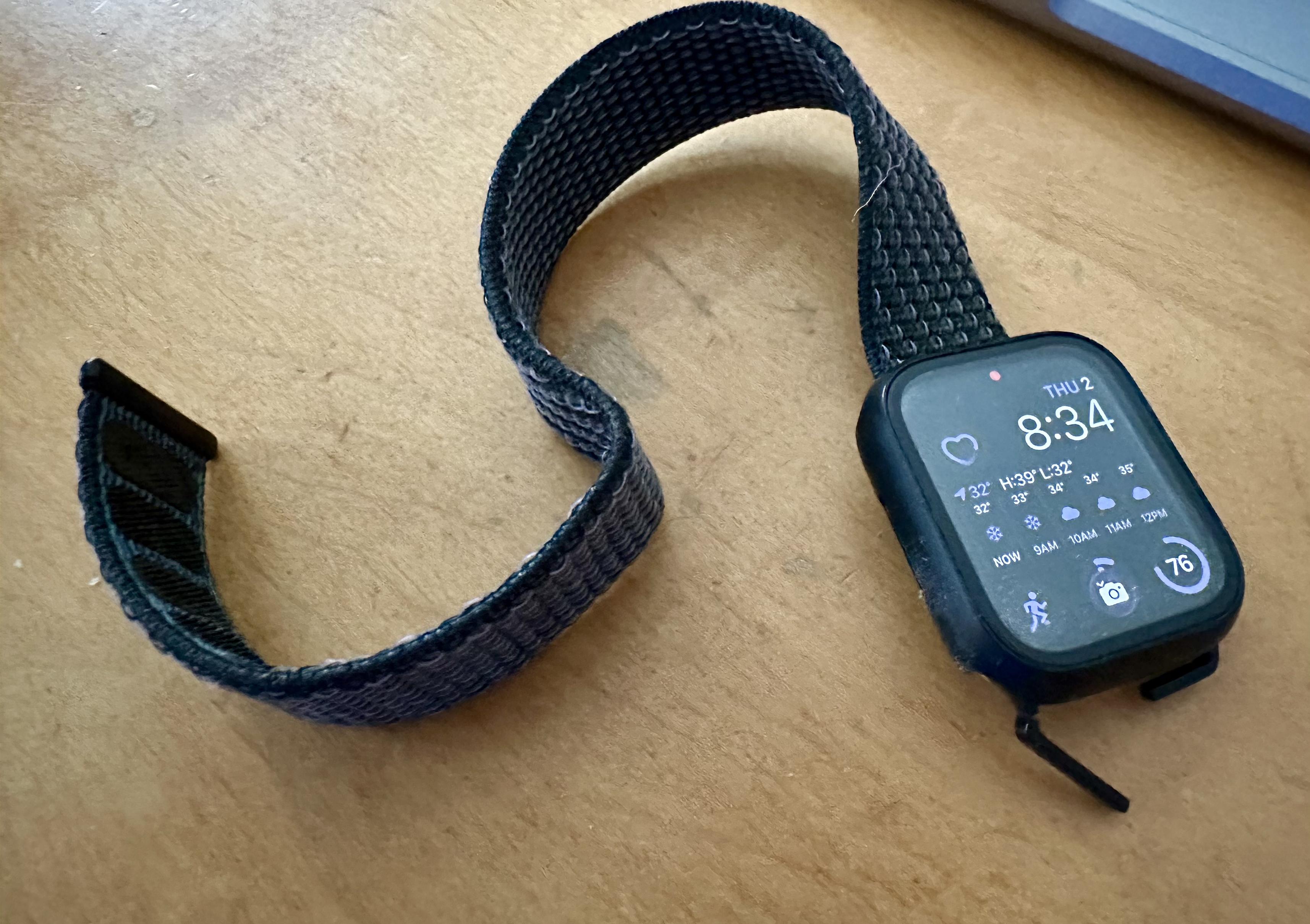 a photo of a broken apple watch sport loop strap. (3rd party)