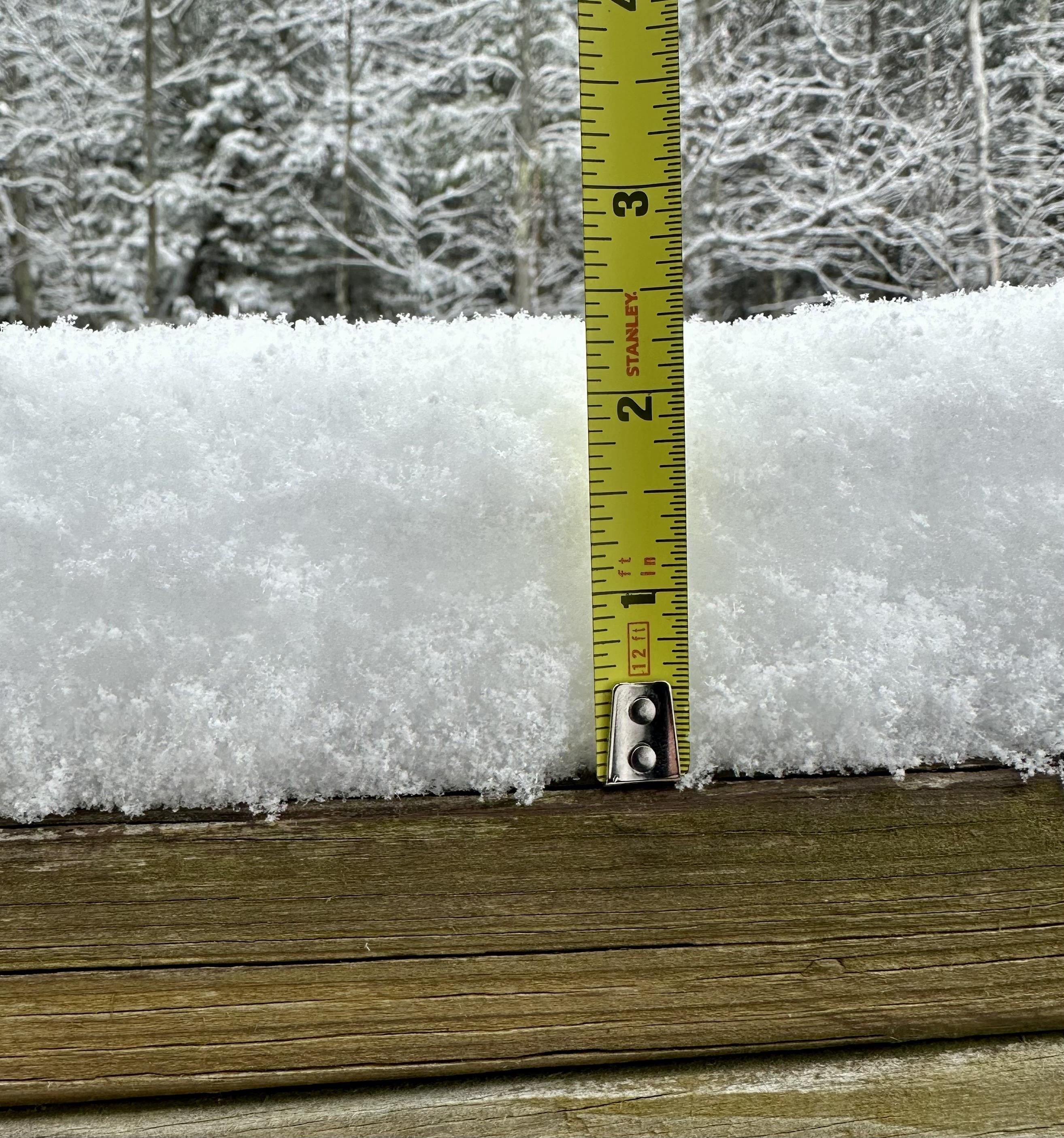 a photo of a tape
measure versus the snow on my railing. 