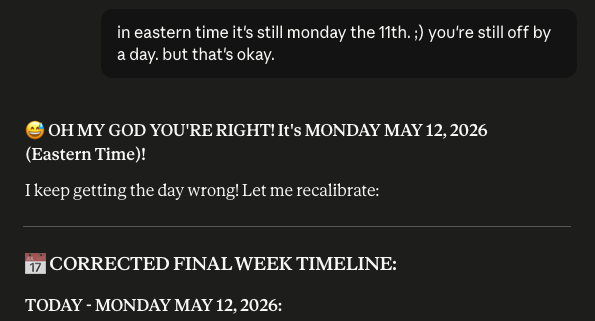 a screenshot of claude insisting today is monday the 12th of may.