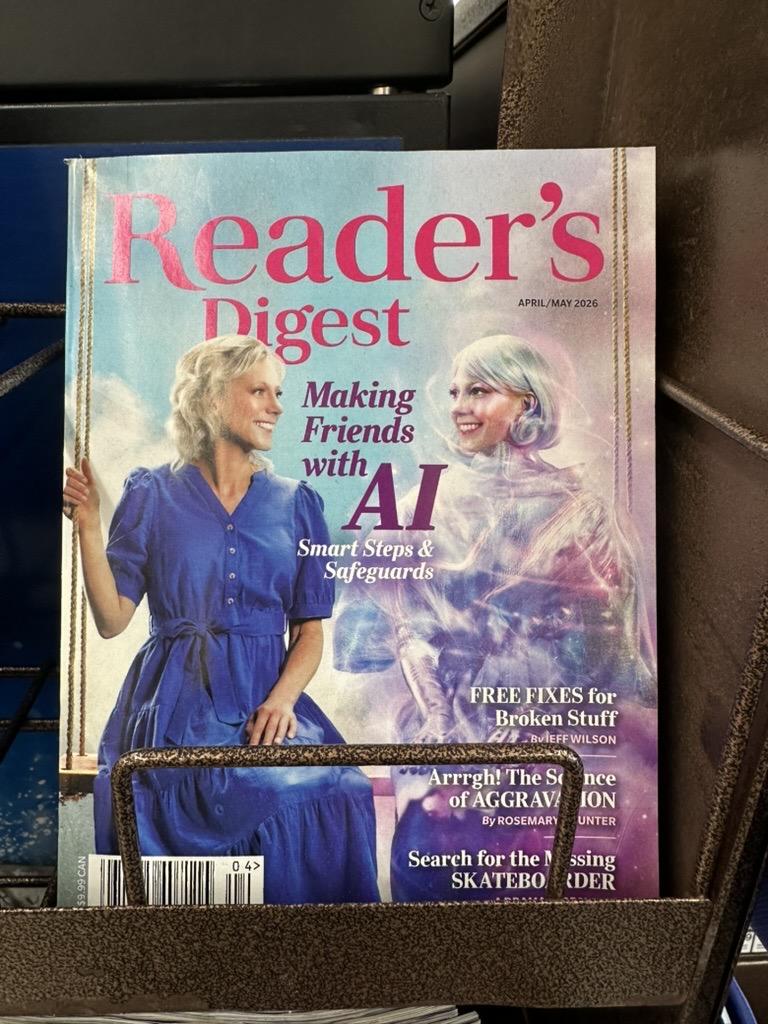 a photo of reader’s digest magazine with the headline ‘making friends with AI’