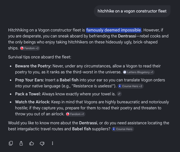google gemini telling me that it’s impossible to hitchhike on a vogon constructor fleet